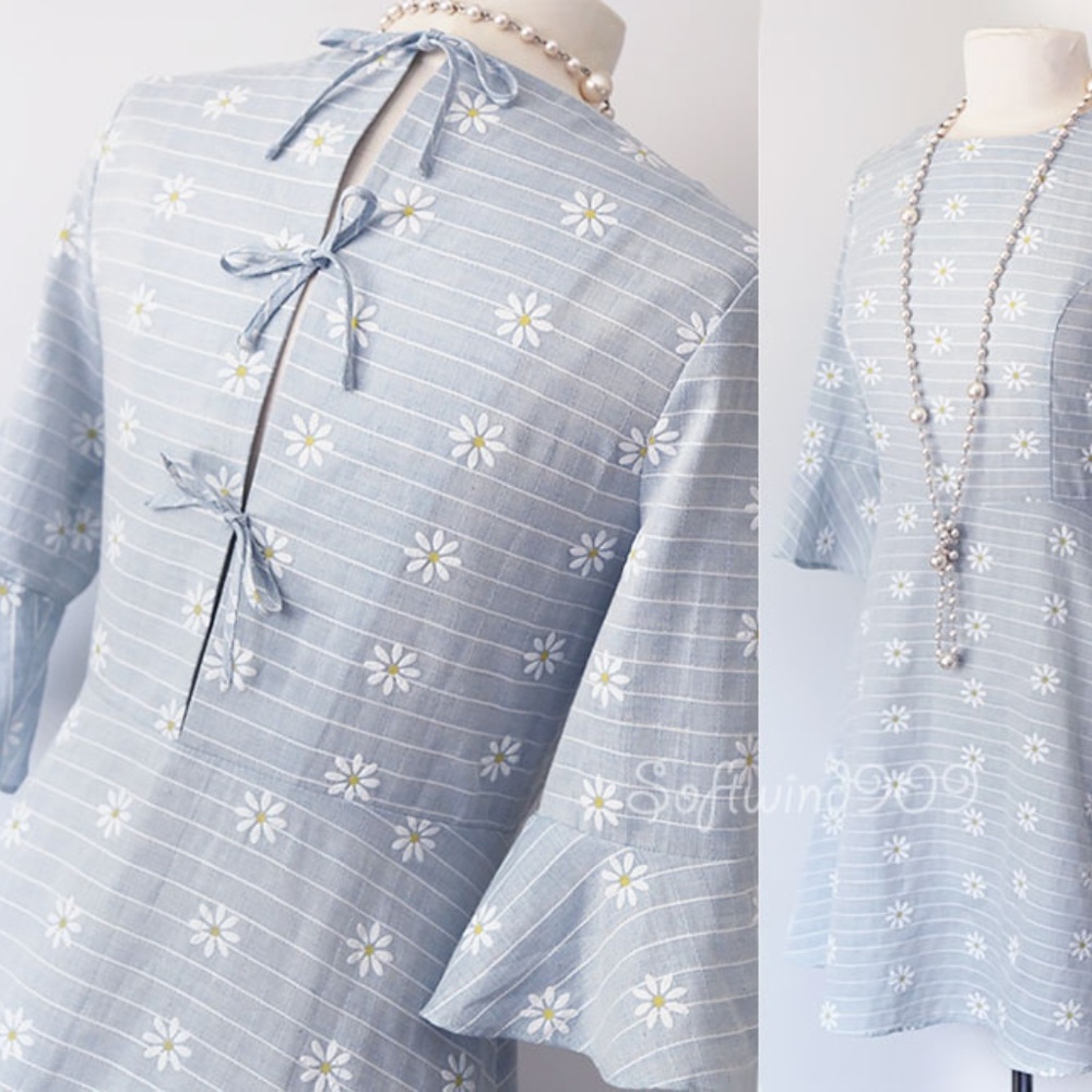 Light Blue Daisy Floral Bow Back 100% Cotton Dress - Picture 2 of 8